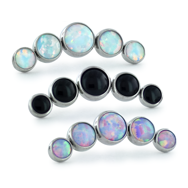 5-piece threadless titanium bezel set cabochon cluster - curved with white opal, black, and peacock opal cabochons