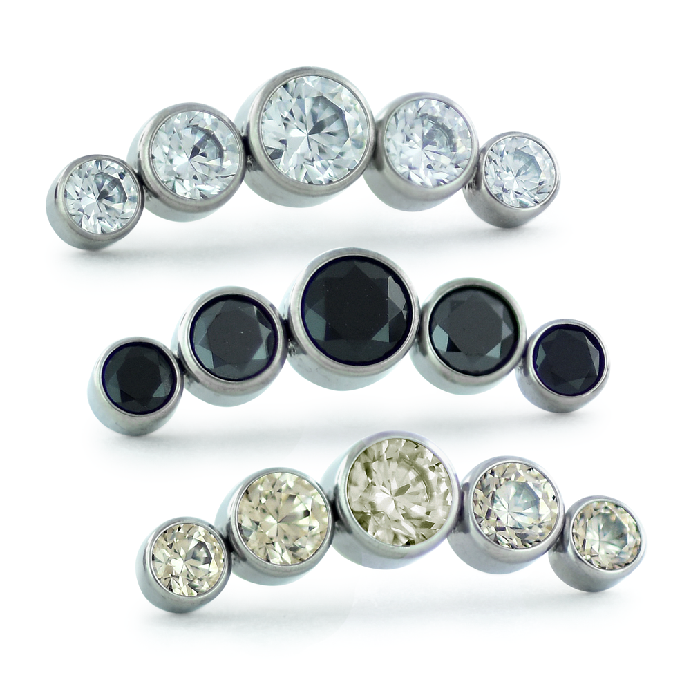 5-piece threadless titanium bezel set gem cluster - curved with cubic zirconia, black, and champagne gem colors