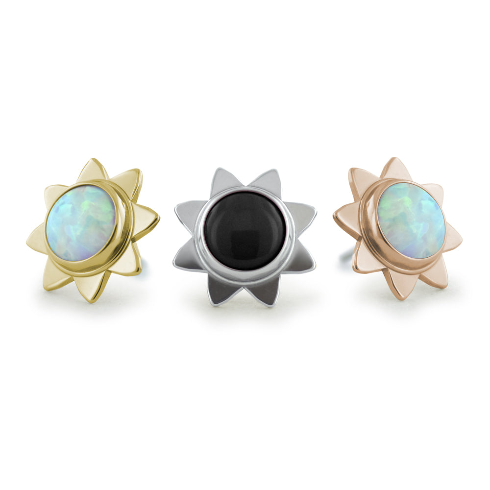 18K yellow gold, white gold, and rose gold sun cabochon settings with white opal and black cabochons