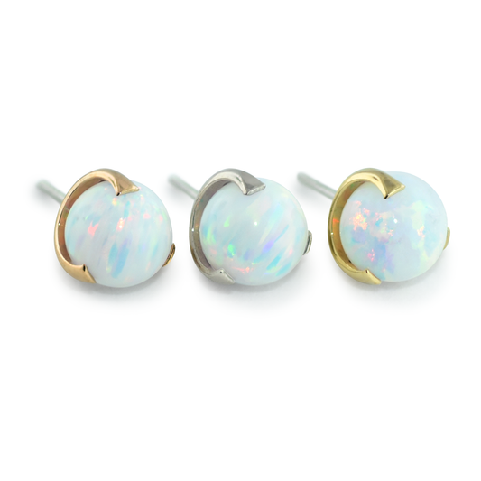 18K Rose Gold, White Gold, and Yellow Gold settings with white opal spheres inserted