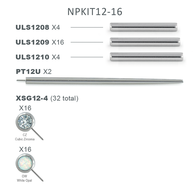 NPKIT12-16 contains 4 ULS1208 Nipple Bars, 16 ULS1209 Nipple Bars, 4 ULS1210 Nipple Bars, 2 PT12U Transfer Tools, 16 XSG12-4CZ, and 16 XSG12-4OW