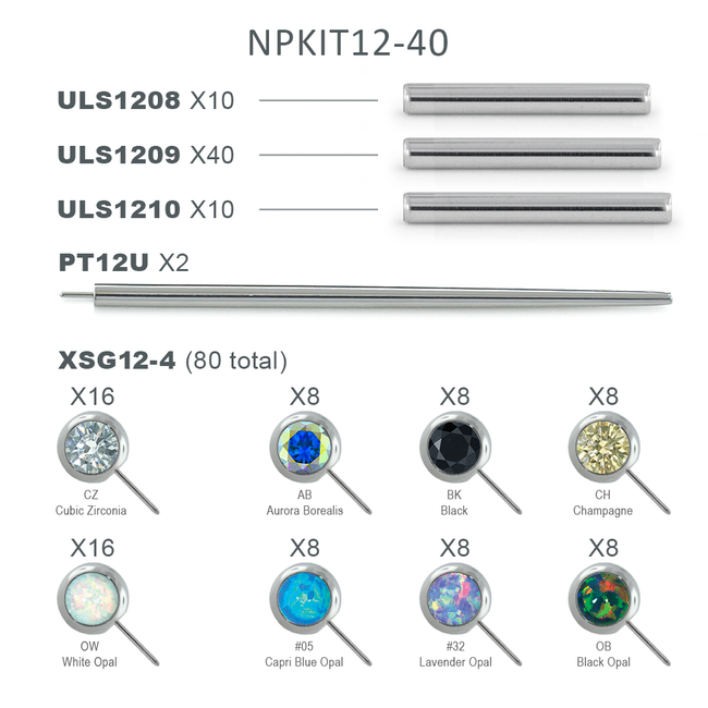 NPKIT12-40 contains 10 ULS1208 Nipple Bars, 40 ULS1209 Nipple Bars, 10 ULS1210 Nipple Bars, 2 PT12U Transfer Tools, 16 XSG12-4CZ, 8 XSG12-4AB, 8 XSG12-4BK, 12 XSG12-4C, 16 XSG12-4OW, 8 XSG12-4/05, 8 XSG12-4/32, 8 XSG12-4OB