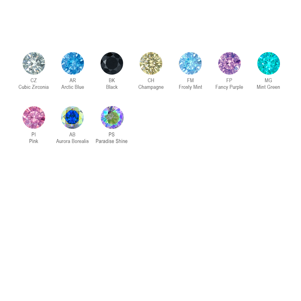 All available gem colors listed in a grid, featuring: Cubic Zirconia, Arctic Blue, Black, Champagne, Frosty Mint, Fancy Purple, Mint Green, Pink, Aurora Borealis, and Paradise Shine
