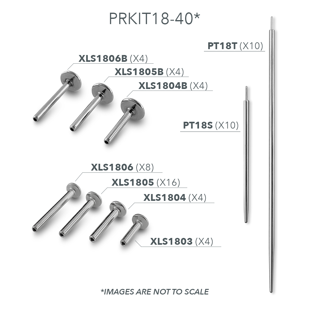 Our two sizes of titanium 18 gauge pin tapers and seven sizes of 18 gauge titanium labret posts, included in the Essential Kit