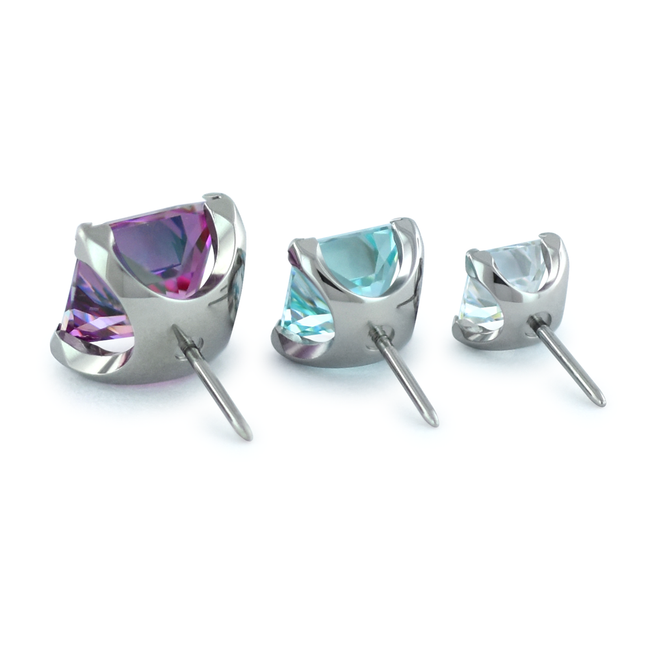 View of the backs of the 3mm, 4mm, and 5mm Princess cut gem ends