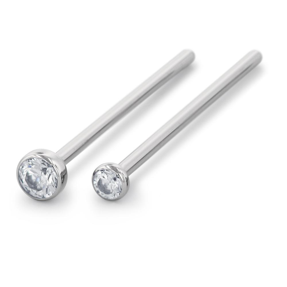 Two 20-gauge threadless titanium nostril screws with 1.5mm and 2mm cubic zirconia faceted gem ends