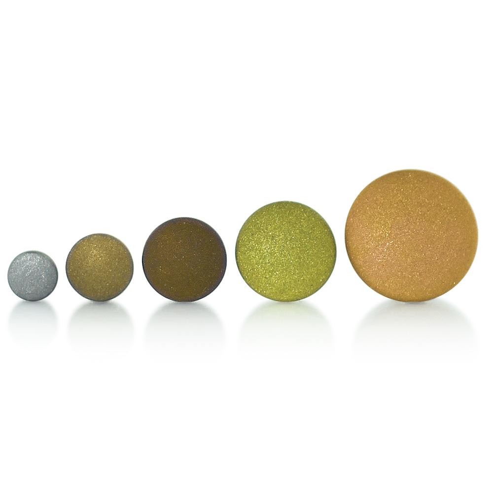 Five sizes of threadless titanium disk ends, with rough texture applied to the disk ends.