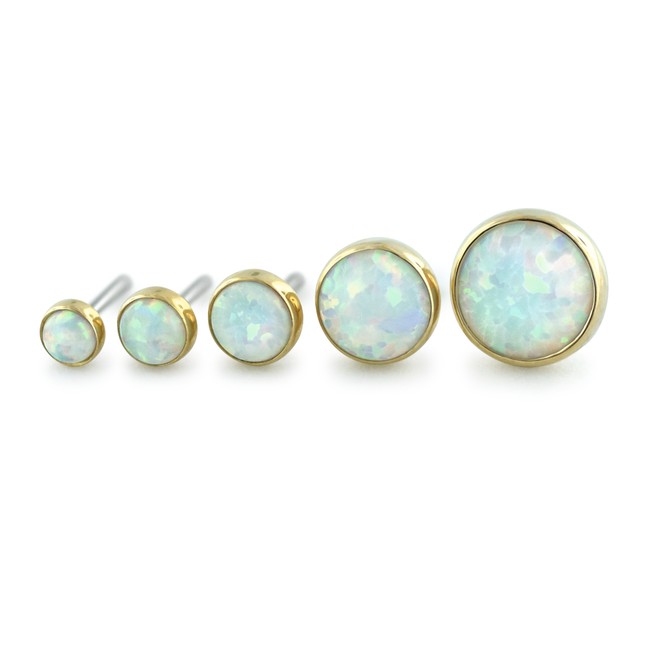 5 Sizes of 18K Yellow Gold Bezel Set Cabochon Gem Ends with White Opal Cabochons