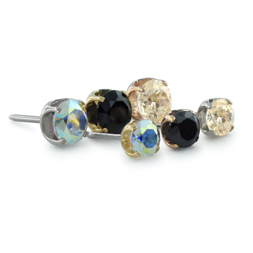 2 sizes of 18K Yellow Gold Prong Set Gem Ends with Aurora Borealis, Black, and Champagne Faceted Gems
