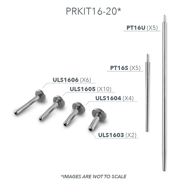 Our two sizes of titanium 16 gauge pin tapers and four sizes of 16 gauge titanium labret posts, included in the Essential Kit