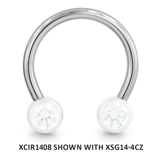 14-gauge threadless titanium circular barbell with cubic zirconia faceted gem ends.