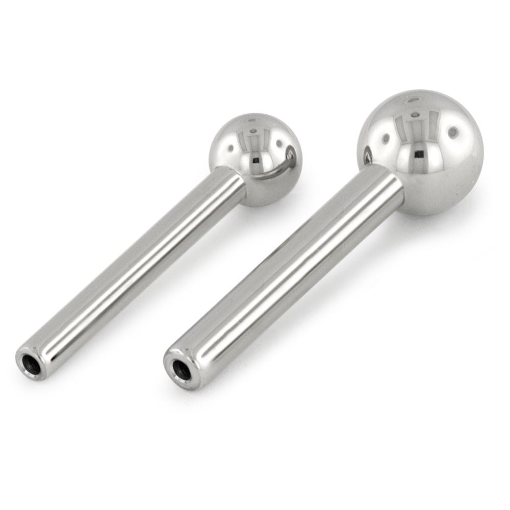 A pair of threadless titanium straight barbells with ball ends