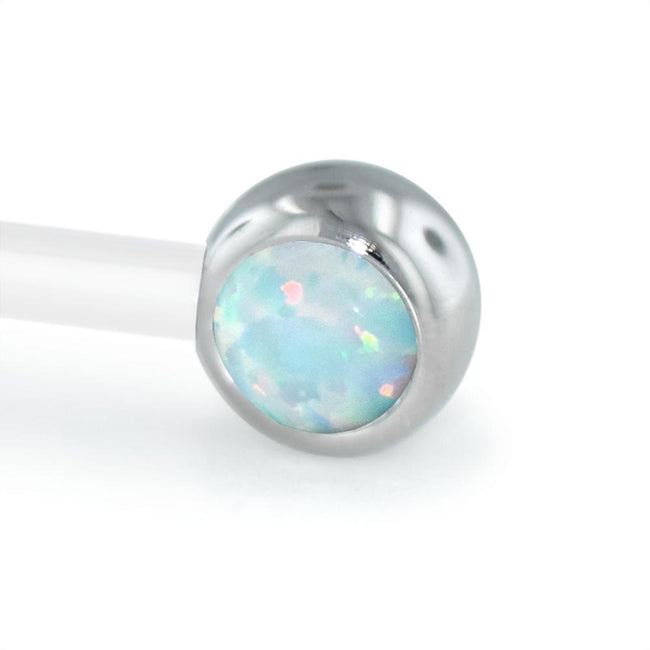 A 12-gauge 4mm threadless titanium set cabochon gem end with a white opal gem.