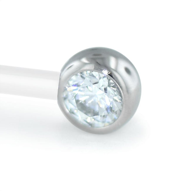 A 12-gauge 4mm threadless titanium set faceted gem end with a cubic zirconia gem.