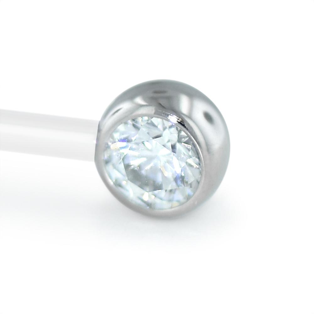 A 14-gauge 4mm threadless titanium set faceted gem end with a cubic zirconia gem.